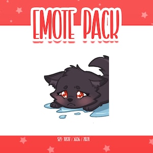 May include: A digital graphic featuring a black cat with red eyes, crying in a puddle. The red text "EMOTE PACK" is above the cat. The background is red with white stars.