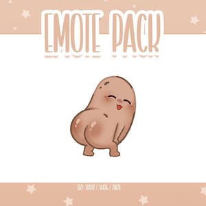 May include: A digital art graphic of a smiling potato with a peach-colored body, brown legs, and a red mouth. The text "EMOTE PACK" is at the top of the image, with the size dimensions at the bottom.