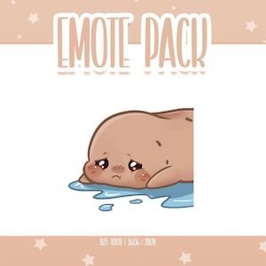 Pode incluir: Ilustração digital de um personagem blob marrom claro triste, com bochechas rosadas e olhos lacrimosos, deitado em uma poça de água azul. As palavras "EMOTE PACK" estão no topo da imagem.
