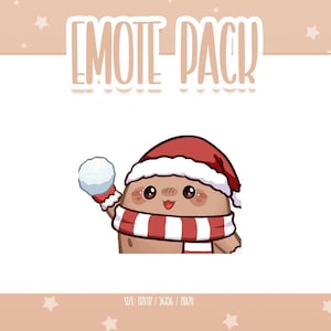 May include: A digital illustration of a cute potato character wearing a red Santa hat and a red and white striped scarf. The potato is holding a snowball in a red and white mitten. The words "EMOTE PACK" are at the top.