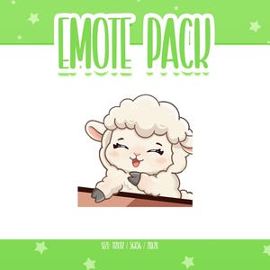 May include: A digital illustration of a cream-colored sheep with fluffy wool, pink ears, and a happy expression, leaning on a brown ledge. The text EMOTE PACK is displayed at the top, with size specifications 112x112 / 56x56 / 28x28 at the bottom.