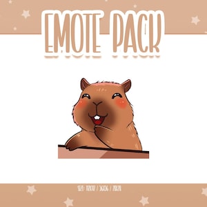 Może przedstawiać: Cyfrowa ilustracja uśmiechniętej kapibary z różowymi policzkami, wyglądającej znad brązowej powierzchni. Słowa "EMOTE PACK" są napisane stylizowaną czcionką nad kapibarą. Tło jest jasnobrązowe z białymi gwiazdami.