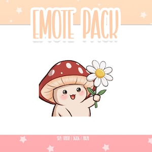 Puede incluir: Gráfico para un Emote Pack que presenta un simpático personaje de hongo con una gorra roja con lunares blancos, sosteniendo una margarita. El texto "EMOTE PACK" está en la parte superior. La imagen tiene una paleta de colores pastel con un fondo rosa y melocotón.