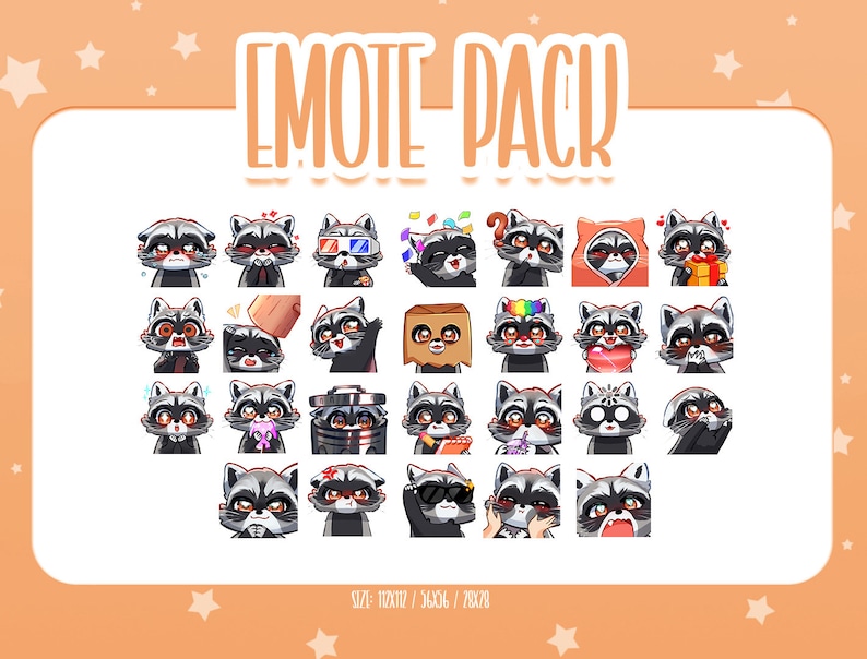 K&ouml;nnte beinhalten: Ein Set mit 24 Waschb&auml;r-Emojis mit verschiedenen Ausdr&uuml;cken, darunter gl&uuml;cklich, traurig, &uuml;berrascht und w&uuml;tend. Die Emojis sind in einem Rasterformat angeordnet und alle im gleichen Stil gehalten. Der Text "EMOTE PACK" befindet sich oben im Bild.
