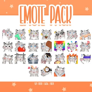 May include: A set of 20 digital emoticons featuring a white snow leopard with different expressions. The emoticons are arranged in a grid and include expressions like happy, sad, angry, surprised, and thinking. The text "EMOTE PACK" is at the top of the image.