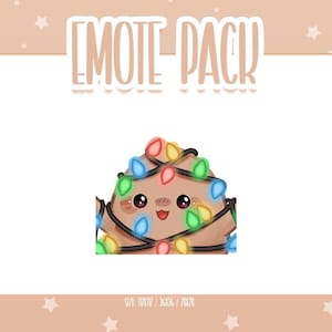 Pode incluir: Gráfico digital de um personagem sorridente e fofo, envolto em luzes de Natal coloridas. O personagem tem pele castanha, olhos grandes e uma expressão feliz. O texto "EMOTE PACK" é exibido na parte superior da imagem.