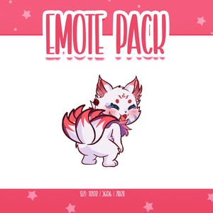 May include: A digital illustration of a white and red fox-like creature with nine tails, a happy expression, and a red cape. The text "EMOTE PACK" is at the top of the image, with the size dimensions at the bottom.