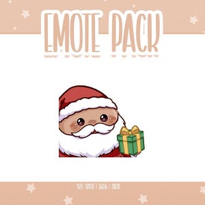 Pode incluir: Um Papai Noel de desenho animado com um chapéu vermelho e barba branca, segurando uma caixa de presente verde com um laço dourado. A imagem tem o texto "EMOTE PACK" na parte superior. A imagem está em um fundo pêssego claro com estrelas brancas.