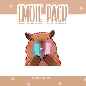 May include: A digital illustration of a brown capybara with a happy expression, holding two glowing rectangles, one blue and one pink. The words "EMOTE PACK" are at the top of the image, with a light brown background.