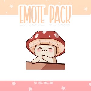 Puede incluir: Ilustración digital de un personaje de hongo con gorro rojo y puntos blancos. El hongo tiene una cara sonriente y se aferra a una superficie marrón. Las palabras "EMOTE PACK" están en la parte superior.