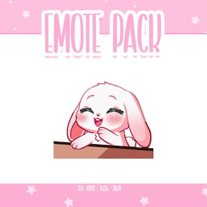 May include: A pink and white digital illustration of a happy bunny peeking over a brown surface. The bunny has pink cheeks, long ears, and is smiling. The text "EMOTE PACK" is at the top of the image.