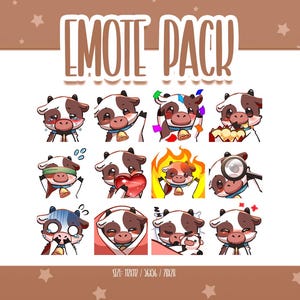 Uroczy zestaw emotikonek brązowej krowy 1, emotikony Chibi Cow Twitch, urocze i kawaii emotikony, gotowe do użycia na Twitch / Discord