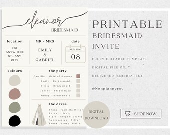 Digital Template for Weddings, Bridesmaid Wedding Invite Template, Customisable and Printable Template for Wedding, Wedding Kit, Minimalist