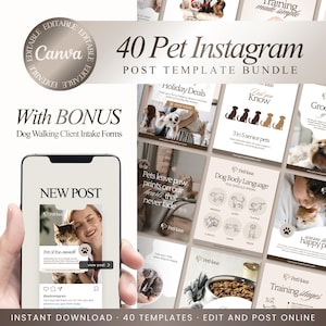 Puede incluir: Un paquete de 40 plantillas de publicaciones de Instagram con temática de mascotas, con formularios de admisión de clientes de paseo de perros adicionales. Las plantillas incluyen diseños para ofertas de vacaciones, lenguaje corporal canino y etapas de entrenamiento.