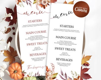 May include: Two white Thanksgiving menus with floral and leaf accents. The menus list starters, main courses, sweet treats, and beverages. The menus are surrounded by fall leaves and pumpkins. Text includes "Edit with Canva".