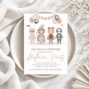 Edytowalne zaproszenie urodzinowe „Calling All Monsters Halloween”, zaproszenie na imprezę halloweenową, urodziny chłopca, szablon zaproszenia z motywem ducha mumii Canva w formacie PDF