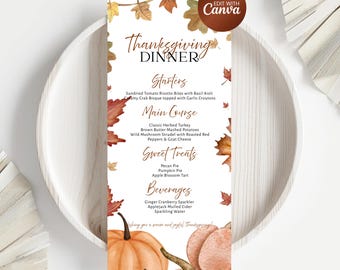 Editable Thanksgiving Dinner Menu | Pumpkin Thanksgiving Dinner Menu | fully Editable Printable Template |  Friendsgiving | Template Canva