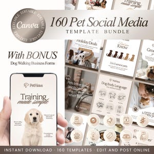 May include: A digital template bundle for pet social media, featuring 160 templates. The image includes a phone screen with a puppy and the text "Training made simple." Additional graphics and text elements are also present.