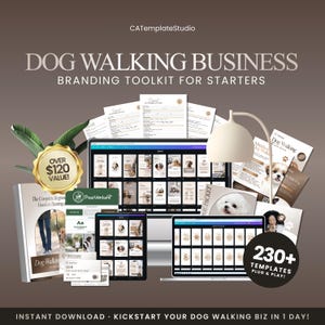 May include: A digital branding toolkit for dog walking businesses. The image features a laptop, tablet, and phone displaying templates, along with a book, business cards, and marketing materials. The image includes the text "Dog Walking Business" and "230+ Templates".