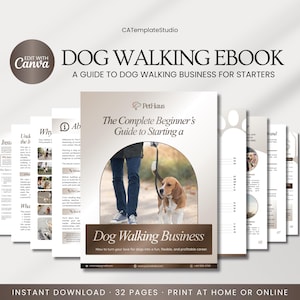 May include: An ebook cover titled "Dog Walking Ebook" with the text "A Guide to Dog Walking Business for Starters." The cover features a person walking a beagle. The ebook is from PetHaus.