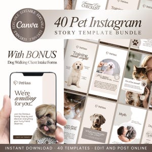Puede incluir: Un paquete de 40 plantillas de historias de Instagram con temática de mascotas, con formularios de admisión de clientes de paseo de perros de bonificación. Las plantillas están en una paleta de colores neutros y presentan imágenes de perros y gatos.