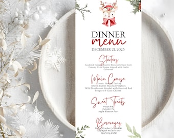 Editable Christmas Place Card & Menu Template | Printable Xmas Food Menu | Holiday Party Placecard Template | Printable Christmas Invitation