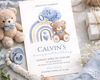 Beary First Birthday Invitation, Bear Birthday Invite, Teddy Bear First Birthday, 1st Birthday Boy, Beary 1st Birthday Party Invite Template