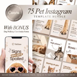 Pode incluir: Um pacote digital de 75 modelos editáveis do Instagram para empresas de animais de estimação, apresentando um smartphone com o texto Signs your pet is Spoiled e um cão com óculos em forma de coração, além de vários layouts de posts.