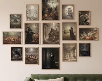 May include: A collection of 15 framed Halloween-themed art prints. The artwork features spooky scenes with pumpkins, ghosts, a black cat, and a raven. The color palette includes shades of brown, black, and orange, creating a vintage aesthetic.