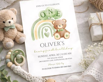 Invitación de cumpleaños de osito, Invitación de cumpleaños de osito, Primer cumpleaños de osito de peluche, Primer cumpleaños de niño, Plantilla de invitación para fiesta de primer cumpleaños de osito