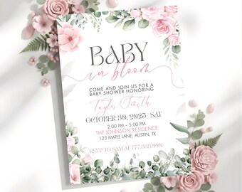 Editable Baby in Bloom Invitation, Butterfly Baby Shower Invitation Girl, Pink Purple Butterflies Wildflower Invite Printable Baby in Bloom
