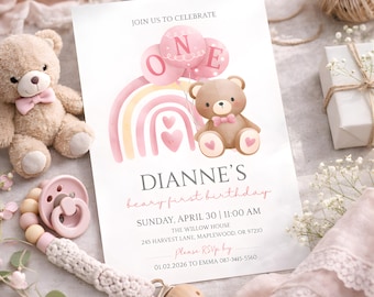 Inbjudan till Bearys första födelsedag, Björns födelsedagsinbjudan Nallebjörns första födelsedag, 1-årsfödelsedagsflicka, Mall för Bearys 1-årsfest