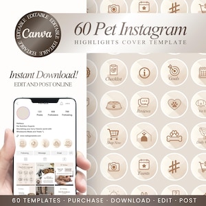 May include: A beige Instagram highlights cover template featuring 60 pet-themed icons. The template includes icons for checklists, goals, reviews, and shop now. The words "60 Pet Instagram Highlights Cover Template" are displayed in a stylish font.