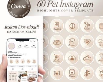 Op de afbeelding: Een beige Instagram highlights cover template met 60 pictogrammen met een huisdierthema. De template bevat pictogrammen voor checklists, doelen, beoordelingen en shop nu. De tekst "60 Pet Instagram Highlights Cover Template" wordt weergegeven.