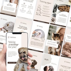 Puede incluir: Una colección de materiales promocionales de PetHaus, que incluyen un teléfono inteligente que muestra "We're waiting for you..." y varias tarjetas informativas. Las tarjetas presentan consejos para el cuidado de mascotas, etapas de entrenamiento y detalles de nutrición para mascotas, todo en un esquema de color beige y blanco.