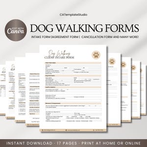 編集可能な犬の散歩サービス契約書テンプレート、印刷可能な犬の散歩ビジネス新規顧客受付フォーム、ペットシッターフォームバンドル