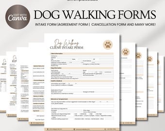 Redigerbart avtal/kontraktsmall för hundpromenader, utskrivbart intagningsformulär för nya kunder för hundpromenader, paket med formulär för husdjurspassning
