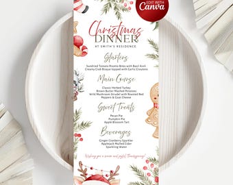 Editable Christmas Place Card & Menu Template | Printable Xmas Food Menu | Holiday Party Placecard Template | Printable Christmas Invitation