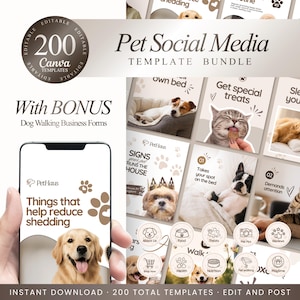 May include: A digital bundle of 200 editable Canva templates for pet social media, featuring a smartphone displaying a golden retriever and the text Things that help reduce shedding, alongside various pet-themed graphic layouts and icons.