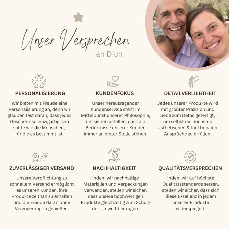 Unser Versprechen an dich - Personalisierung, Kundenfokus, Detailverliebtheit, zuverlässiger Versand, Nachhaltigkeit, Qualitätsversprechen
