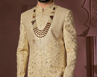 KLASSE GOLDEN SHERWANI Bräutigam, Bräutigam Hochzeitskleid, goldene Sherwani Männer, Bräutigam Hochzeitsoutfit, Männer Sherwani Hochzeit, indisches Bräutigam Kleid