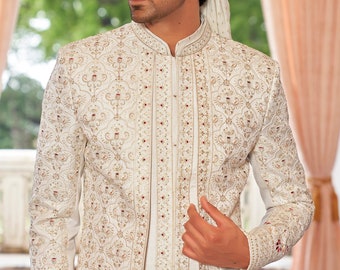 Eleganter weißer SHERWANI Bräutigam, Bräutigam Hochzeitskleid, überlagerte weiße Sherwani-Männer, Bräutigam-Hochzeits-Outfit, Männer-Sherwani-Hochzeit, indisches Bräutigam-Kleid