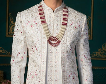 ELEGANTER WEIßER SHERWANI-Bräutigam, Bräutigam-Hochzeitskleid, mehrlagiges weißes Sherwani-Männerkleid, Bräutigam-Hochzeitsoutfit, Männer-Sherwani-Hochzeit, indisches Bräutigamkleid
