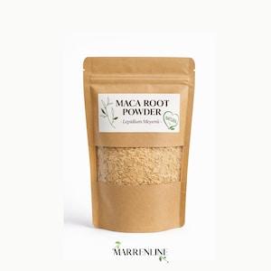 May include: A brown paper bag containing maca root powder, with a clear window. The label displays "MACA ROOT POWDER - Lepidium Meyenii - NATURAL" with a green leaf design. The brand name "MARRENLINE" is printed at the bottom.