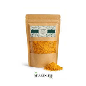 May include: A brown kraft paper stand-up pouch containing bright yellow turmeric root powder. The label features a dark green rectangular band with the text TURMERIC ROOT POWDER and CURCUMA LONGA, surrounded by a light green botanical pattern.