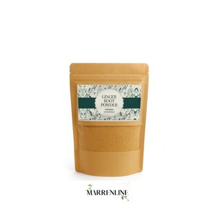 May include: A brown kraft paper stand-up pouch containing ginger root powder. The label features a botanical pattern in green and white, with the text GINGER ROOT POWDER and ZINGIBER OFFICINALE printed in the centre. The brand name MARRENLINE is below.