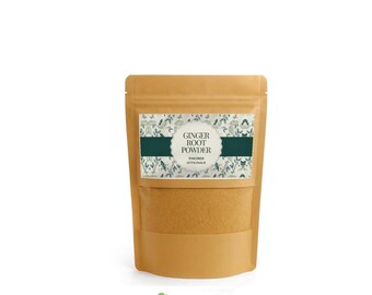 May include: A brown kraft paper stand-up pouch containing ginger root powder. The label features a botanical pattern in green and white, with the text GINGER ROOT POWDER and ZINGIBER OFFICINALE printed in the centre. The brand name MARRENLINE is below.