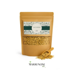 Könnte beinhalten: Ein beigefarbener Standbeutel mit Haferkörnern, mit einem Sichtfenster, das die goldbraunen Samen zeigt. Das Etikett hat ein botanisches Muster, den Text OAT SEEDS und AVENA SATIVA, und davor liegt eine kleine Holzschaufel mit Haferkörnern.