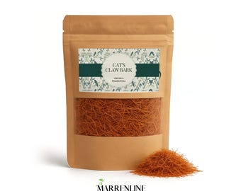 May include: A tan stand-up pouch containing shredded orange-brown Cat's Claw Bark, labeled Uncaria Tomentosa. The label features a dark green horizontal band with white text and a botanical pattern. A small pile of the bark sits in front of the pouch.