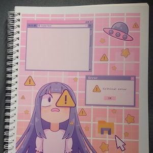 May include: A pink and yellow grid background with a cartoon girl with purple hair and a pink dress. The girl is looking up with a surprised expression. There are several yellow stars and exclamation point icons on the background. There is a blue and purple UFO in the upper right corner. There is a blue and purple computer window with the text "Sticker Book" in the upper left corner. There is a blue and purple computer window with the text "Error" and "Critical error" in the lower right corner.